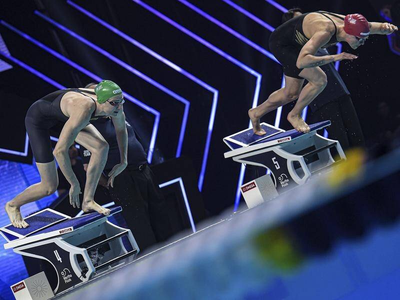 Cate Campbell (l) and Sarah Sjostrom were the finalists in the women's 50m freestyle in Las Vegas.