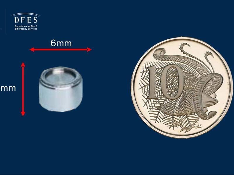 A radioactive capsule that has gone missing in WA is smaller than a 10-cent piece. (PR HANDOUT IMAGE PHOTO)