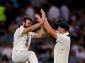 Michael Neser celebrates a wicket with teammate Cameron Green in the second Test. (Matt Turner/AAP PHOTOS)