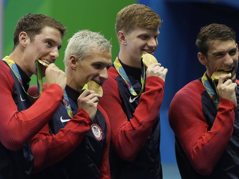 Conor Dwyer (left) pictured with the gold medal men's 4x200-metre freestyle relay team at Rio 2016.