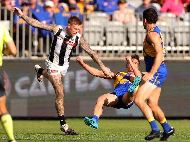 Collingwood's Jordan De Goey faces a suspension out of the Magpies' 63-point win over West Coast. (Richard Wainwright/AAP PHOTOS)