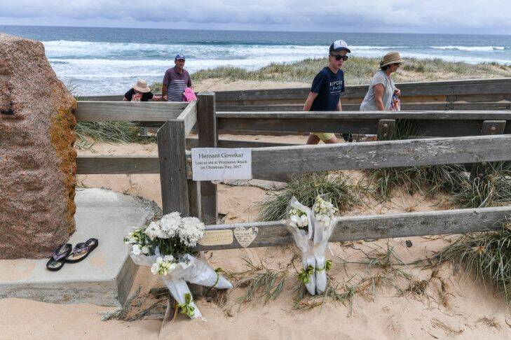 The Age, News, 02/012018, photo bt Justin McManus. Cape Woolamai beach where two people have drowned in just over a week. One on Christmas Day and another on New Years day. Memorial to Herman Govekar who drowned on Xmas day.
