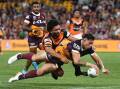 Jordan Riki contributed to a Brisbane try-scoring spree in the Broncos' 46-12 win over Wests Tigers. (Jono Searle/AAP PHOTOS)