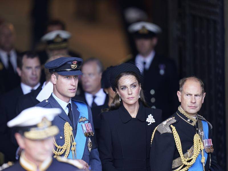 Prince William, Kate and Prince Edward left Westminster Hall after a service. (AP PHOTO)