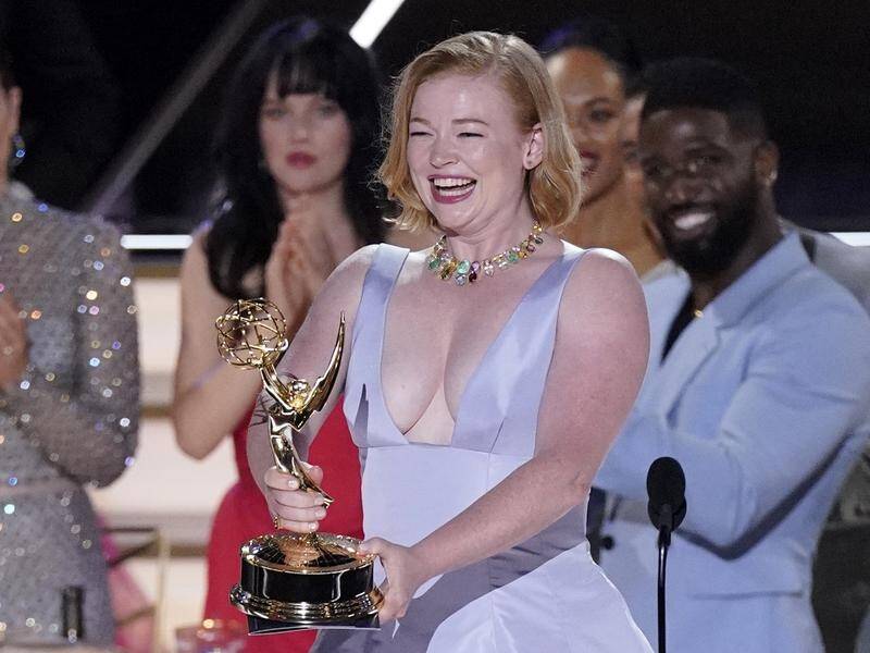 Australia's Sarah Snook reacts as Succession wins the Emmy for outstanding drama series. (AP PHOTO)