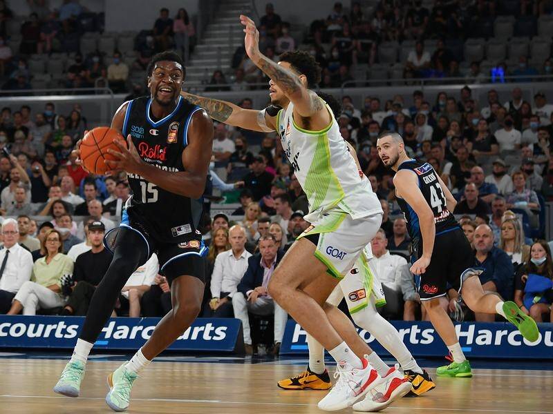Melbourne United's Ariel Hukporti (l) will miss the entire NBL season with an achilles injury. (Joel Carrett/AAP PHOTOS)