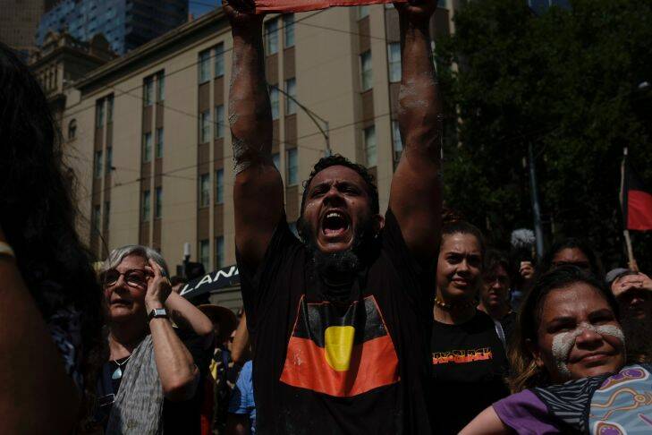 <p>Invasion Day Rally Melbourne 2018 26th January 2018 THE AGE NEWS PHOTO Chris Hopkins</p> <p>Invasion Day Rally in Melbourne on Australia Day 2018 26th January 2018 THE AGE NEWS PHOTO by Chris Hopkins</p>