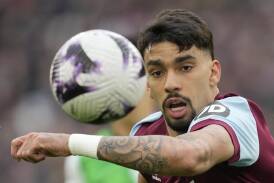 West Ham's Lucas Paqueta is charged by English soccer bosses over alleged betting rule breaches. (AP PHOTO)