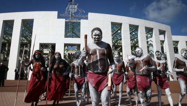 Representatives from Yirrkala in North East Arnhem Land on the forecourt of Parliament House for the No More event. Photo: Alex Ellinghausen
