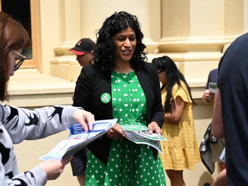 Victorian Greens Leader Samantha Ratnam is seen outside the St Kilda Town Hall voting centre. (James Ross/AAP PHOTOS)