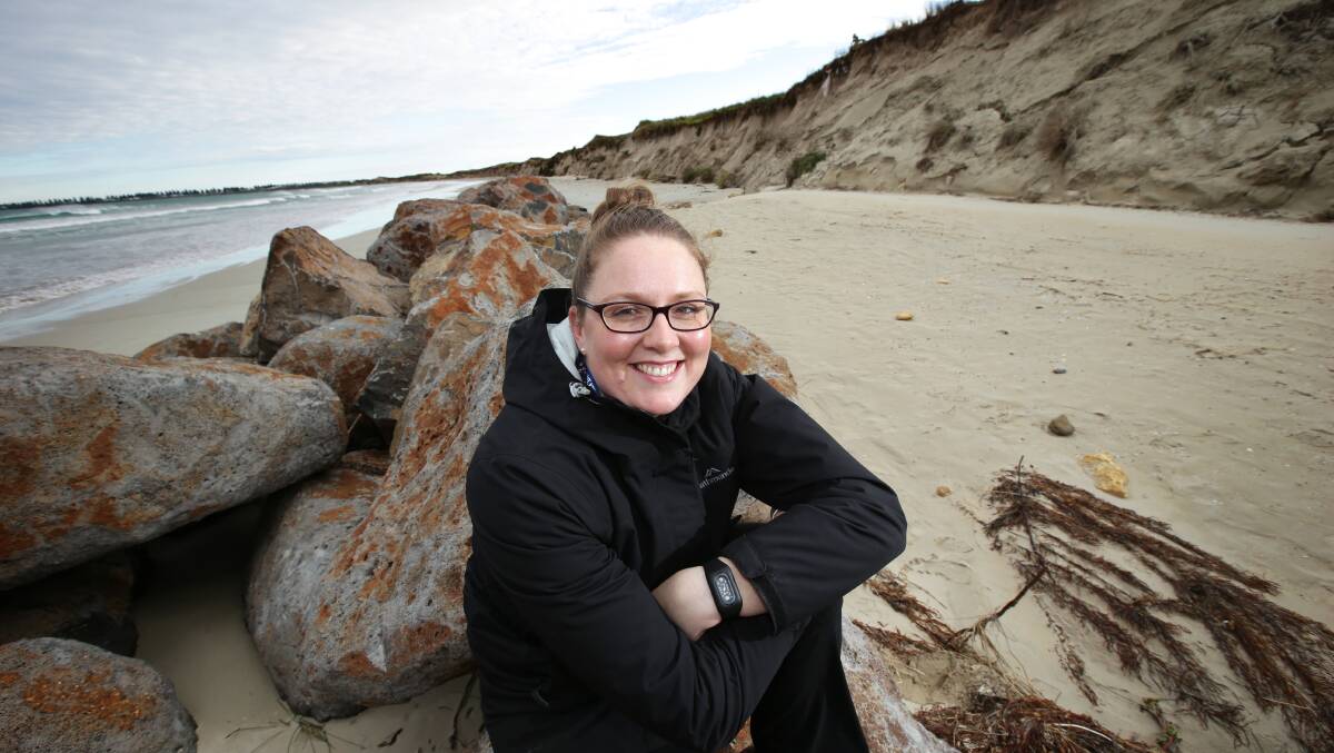 Moyne shire engineer Ebony Perrin with the rock structure that has saved Port Fairy sand dunes. 140708DW54 Picture: DAMIAN WHITE