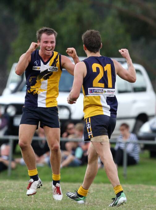 Dean Gavin (left) and Mark Murphy revel in North Warrnambool Eagles' 23-point victory over Camperdown on Saturday. Picture: AARON SAWALL