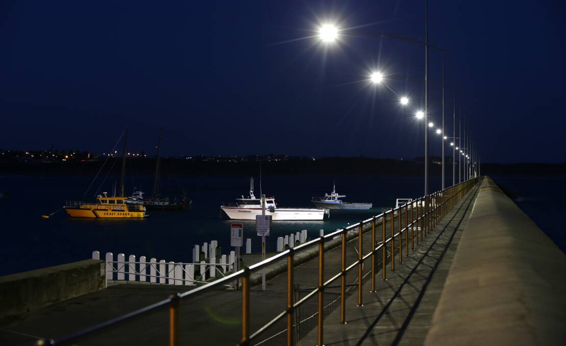 Eighteen LED lights now illuminate Warrnambool’s breakwater. Picture: DAMIAN WHITE