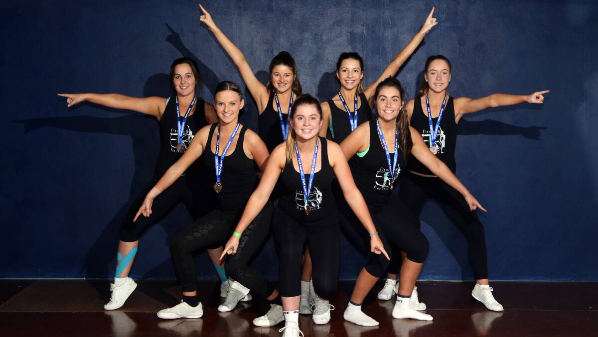 EKB Aerobics’ Fusion team (from left) Kaytlyn Wallace, Maddison MacDonald, Jessica Brunt, Tahlia Gaw, Paige Lloyd, Achsah Gibbs and Brittany Leach earned bronze at the national championships. 140721DW26 Pictures: DAMIAN WHITE