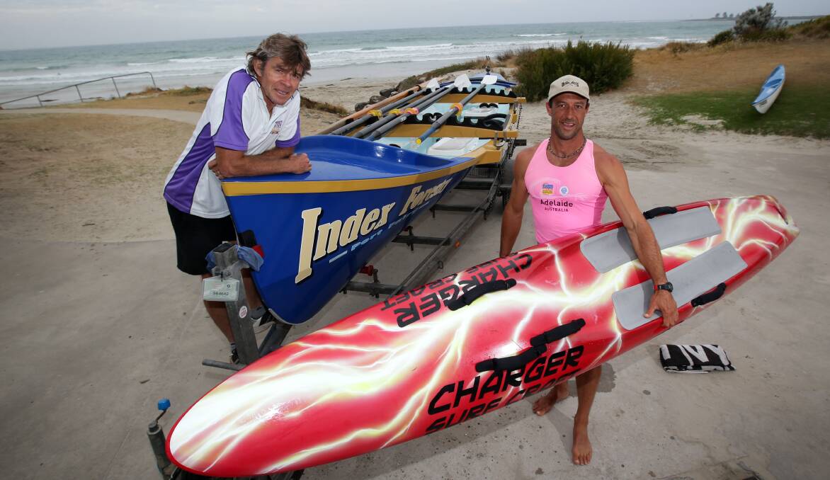 Port Fairy Surf Life Saving Club members Paul Buchanan (left) and Mark Plant will compete at the Victorian masters championships in Lorne this weekend.
