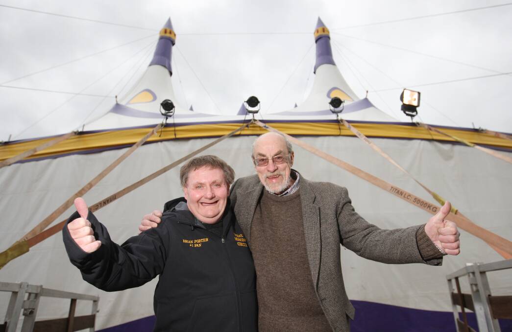 Brian Porter (left), of Geelong, has been to 88 Moscow circus performances since 2010 and chalked up 90 this weekend in Warrnambool. Circus general manager Greg Hall says Mr Porter is considered part of the family.