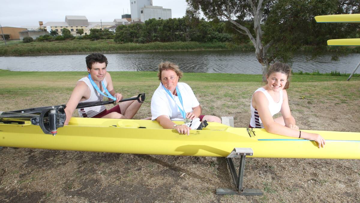 Nestles Rowing Club members Aaron Skinner, 21, Rose Egerton, 62, and Jessica Brunt,15, enjoyed success at the state titles in Ballarat last weekend.