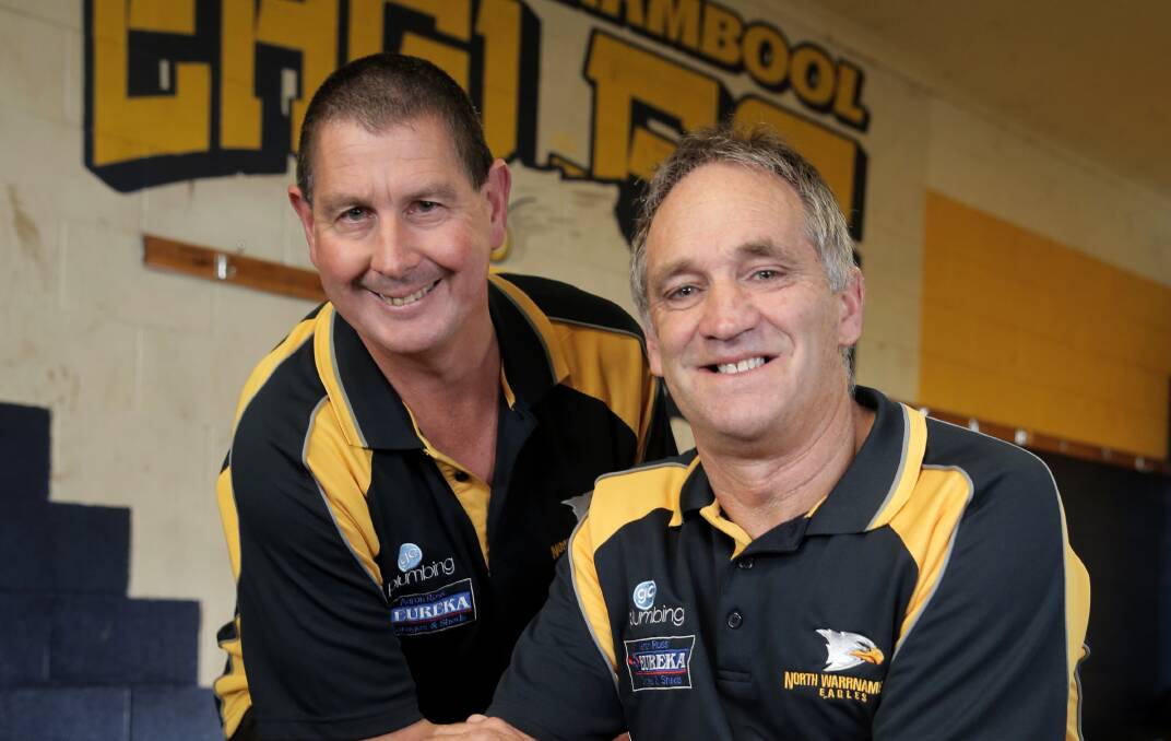 North Warrnambool Eagles club president Pat Doran and coach Bernard Moloney. The Eagles have extended his tenure for a second year. 