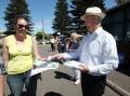Vote 1 Local Jobs candidate James Purcell handing out how-to-vote cards in Port Fairy. Picture: LEANNE PICKETT