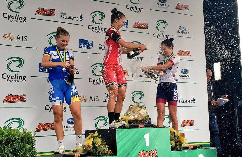 Portland's Shannon Malseed (centre) celebrates her second Road National Cycling Championships gold medal with silver medalist Alexandria Nicholls (left) and bronze medalist Ellen Skerritt (right). Picture: CYCLING AUSTRALIA