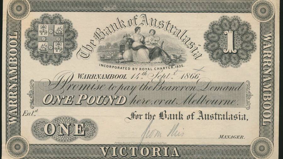 A rare 1866 Warrnambool Bank of Australasia one pound note. 