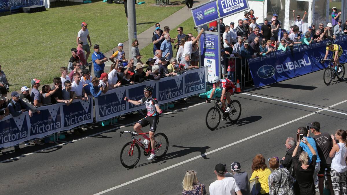 Geelong cyclist Oliver Kent-Spark outsprinted Commonwealth Games gold and silver medallist Alex Edmondson to win the 2014 Melbourne to Warrnambool Cycling Classic. Picture: AARON SAWALL 