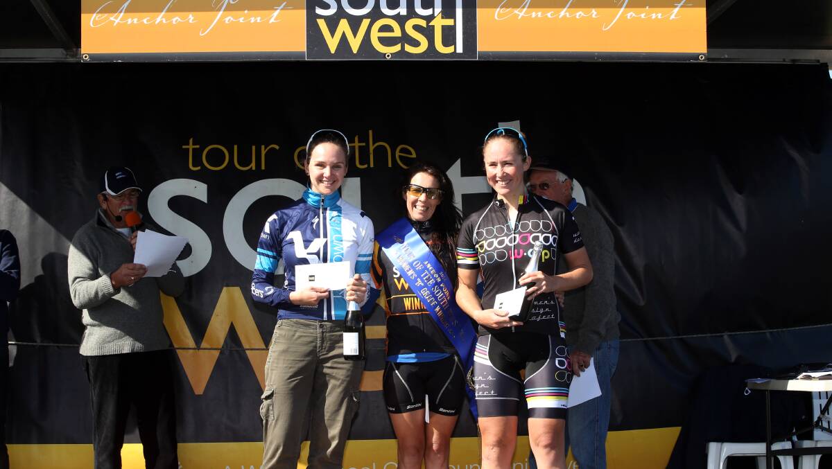 Womens overall B Grade podium (from left) second Veronica Micich and first Samantha Abbott and third Purdie Long. Picture: DAMIAN WHITE