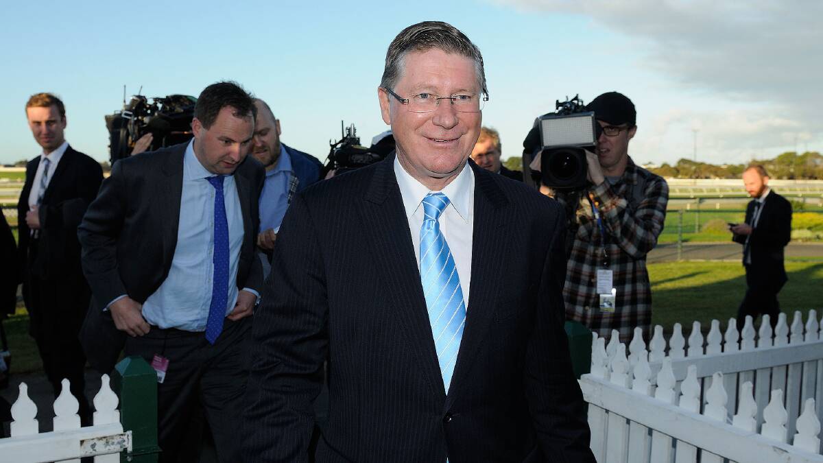 Premier Denis Napthine, pictured arriving for a controversial party fundraiser at the Warrnambool Racecourse on Wednesday night, has fended off further punches to his integrity. Picture: ROB GUNSTONE