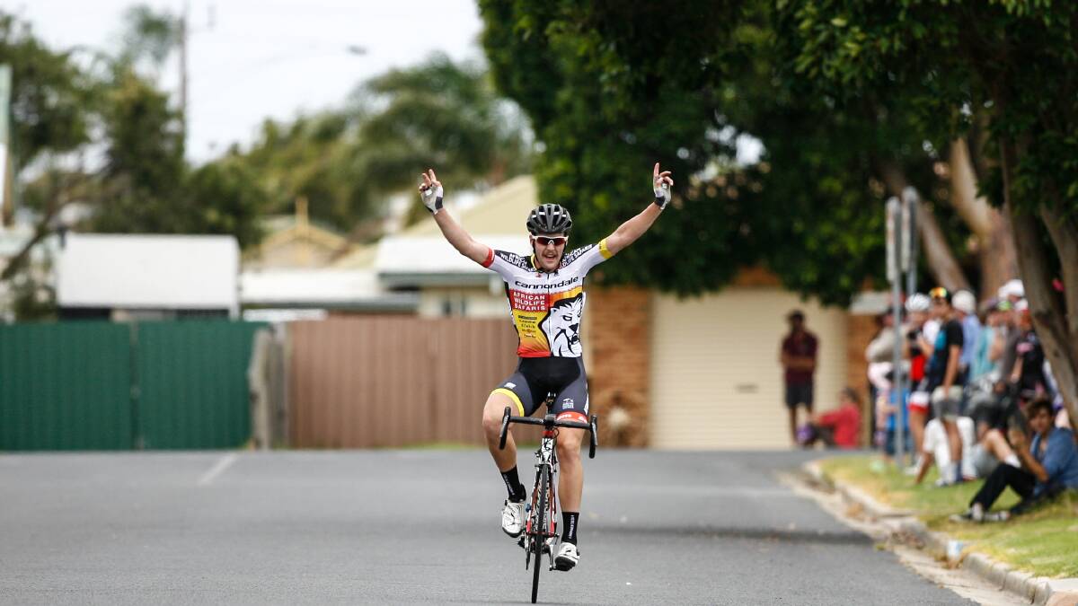 Mortlake cycling export Darcy Woolley crosses the line to claim the Tour of East Gippsland stage three criterium on Sunday. Picture: JARROD PARTRIDGE/SUPPLIED