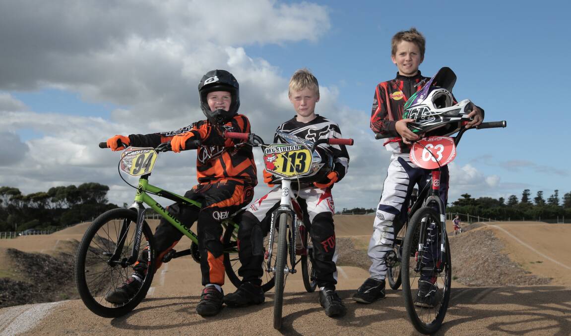 Warrnambool’s Toby Fish (left) was the winner of the eight-year-old boys’ class of Warrnambool BMX Club’s meeting on Easter Sunday. Axel McKinnon took out the 11-year-old boys, with Blair Hewett the outstanding rider for the day. 