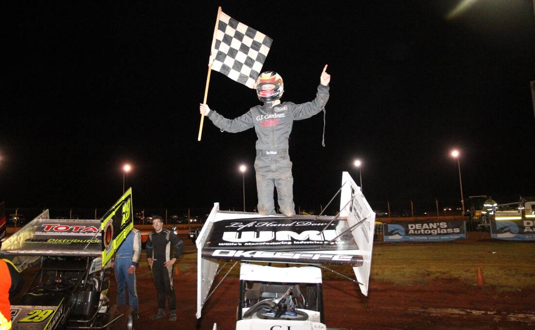Jubilant Warrnambool formula 500 driver Jye O’Keeffe after his WA title win. Picture: SWB Photography