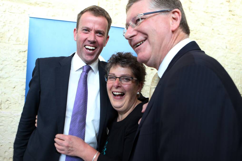 Peter’s Project founder Vicki Jellie is congratulated by Victorian Premier Denis Napthine (right) and federal member for Wannon Dan Tehan at yesterday’s gathering at the Lighthouse Theatre. 