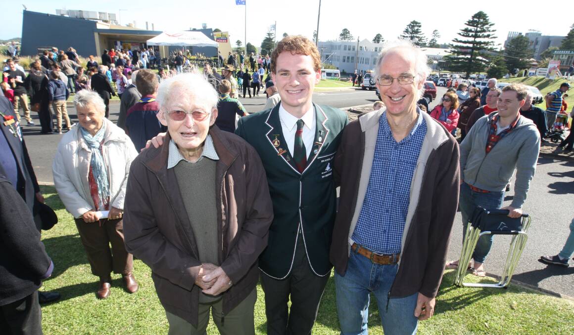 Three generations of the Chenoweth family — Geoff (left), Tim and Steve — at the Anzac Day service, where Tim spoke about his great-grandfather’s WWI service.  