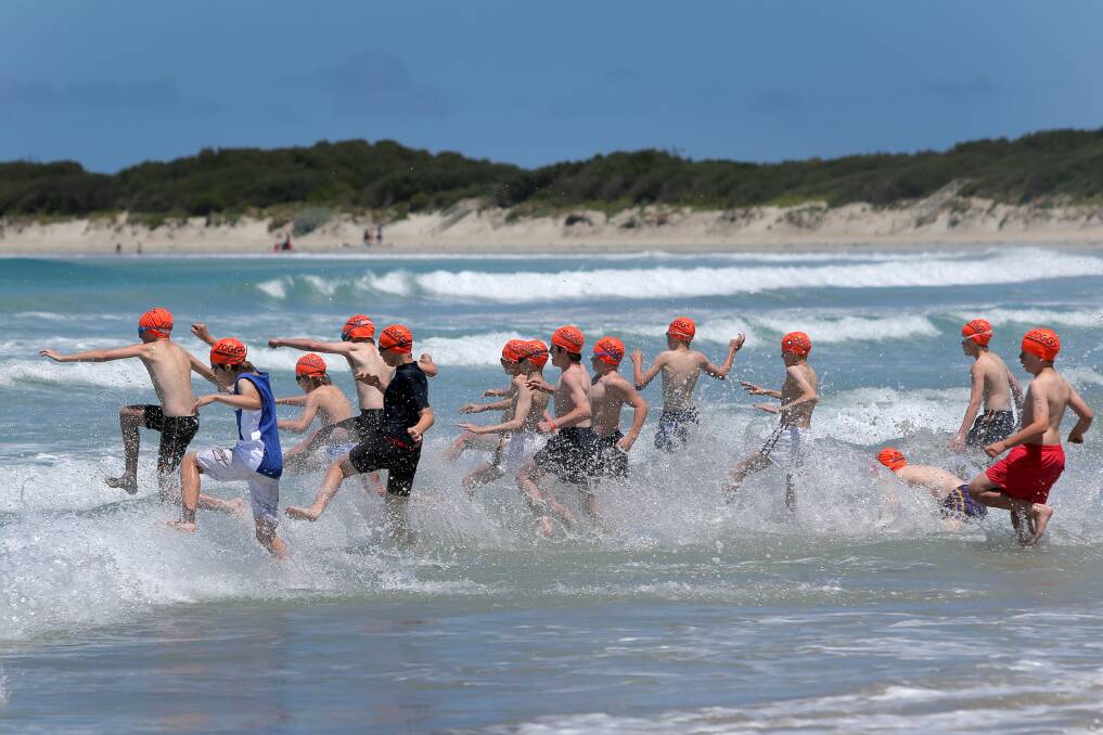Grade 6 boys enter the water for the start of their individual triathlon swim leg. 141121RG29 Picture: ROB GUNSTONE