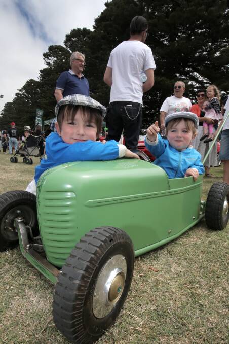 Brothers Spencer, 3, and Jude Allan, 1, of Koroit, take on the big boys with their miniature hot rod at the show ’n’ shine.