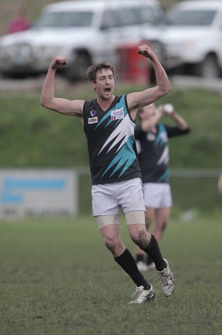 Kolora-Noorat forward Paul McSween gets pumped up by one of his seven goals during an upset victory against premiership favourite Panmure on Saturday. 140809AM28   Picture: ANGELA MILNE