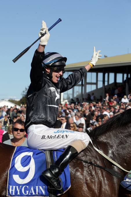 A jubilant Brad McLean after winning the 2013 Brierly Steeplechase on Cats Fun. 