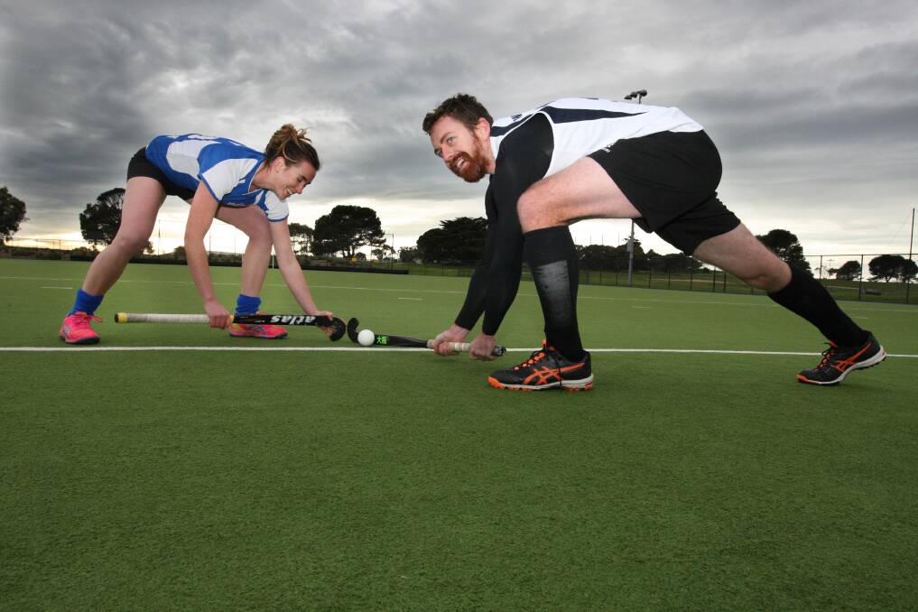Warrnambool District Hockey Association  representatives Phoebe Webb and Toby Webb simulate a corner trap at training. The siblings will play in division one.
150604LP04 Picture: LEANNE PICKETT