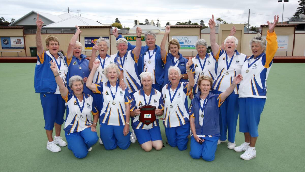 The victorious WDBD division one Tuesday Pennant premiers, Warrnambool Gold, pose proudly with their shield after defeating Port Fairy Gold yesterday. Enjoying the moment are (back, from left) Pat Boyd, Brenda Hawker, Pat McCorkell, Maree Lynch, Fran Rankin, Pauline Waring, Shirley Ullithorne, Helen Lock and Jill Noske; (front) Imme Gill, Margaret Quinn, Jean Harkness, Diane Mugavin and Jane Rea.