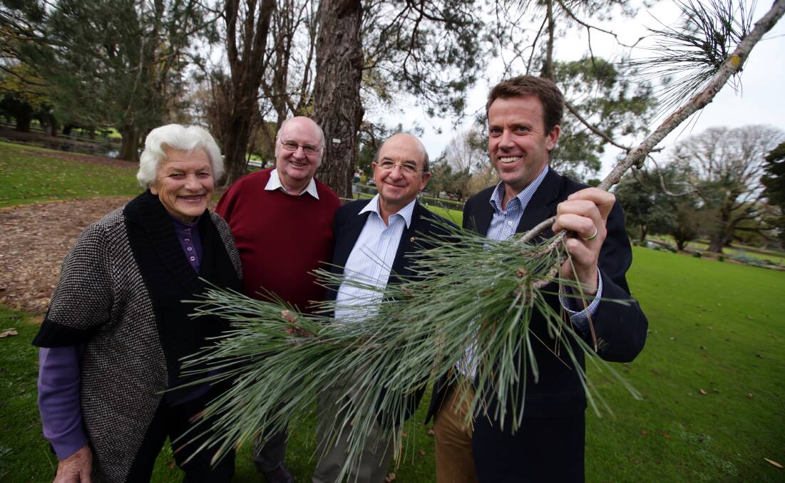 Wannon MP Dan Tehan (right) announces the $5000 Centenary of Anzac grant to the Friends of the Warrnambool Botanic Gardens Pat Varley, Warrnambool RSL sub-branch president John Miles and Warrnambool Legacy president Gerald Irvine at the city’s Lone Pine in the botanic gardens. 