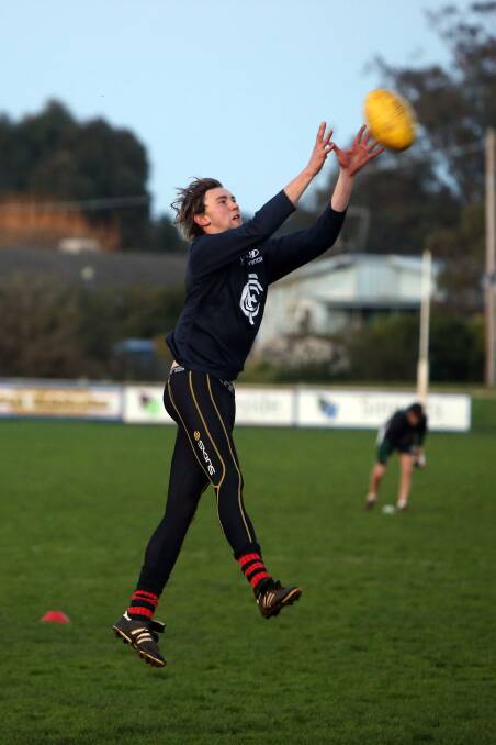 Towering Camperdown forward Jack Hickey marks during the Magpies’ light training session last night to prepare for Sunday’s elimination final against Terang Mortlake. 140828LP36 Pictures: LEANNE PICKETT