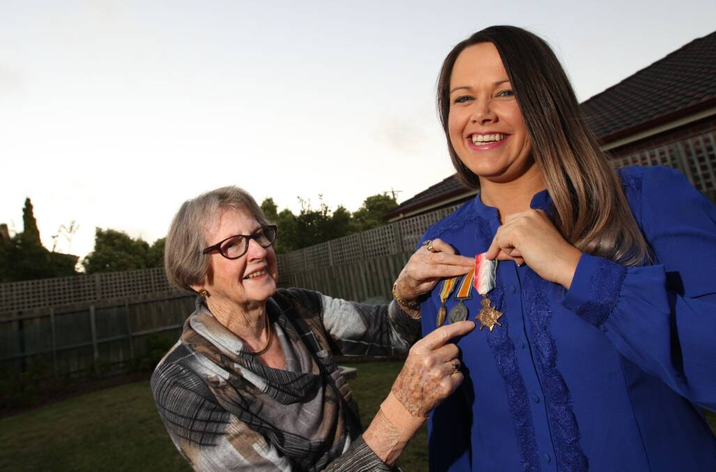 Warrnambool’s Helen Raw has lived her 85 years with the story of her uncle Wallace Hammond, who died aged 18 at the bloody battle of Fromelles in 1916, and whose body was never found. On Anzac Day, Mrs Raws’ niece Michelle Butters will proudly wear Wallace’s war decorations in the March of Medals. 150410AM27 Picture: ANGELA MILNE
