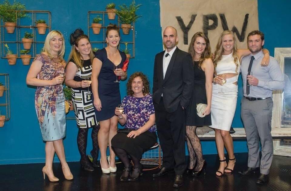 Genevieve Moloney (left), Marcia Kenna, Eleanor Wright, Louise Handyside, Phil Wright, Catherine Moloney, Annie Wall and Robert Mahony at the inaugural May Racing Carnival Gala Event held at the Warrnambool Art Gallery. 