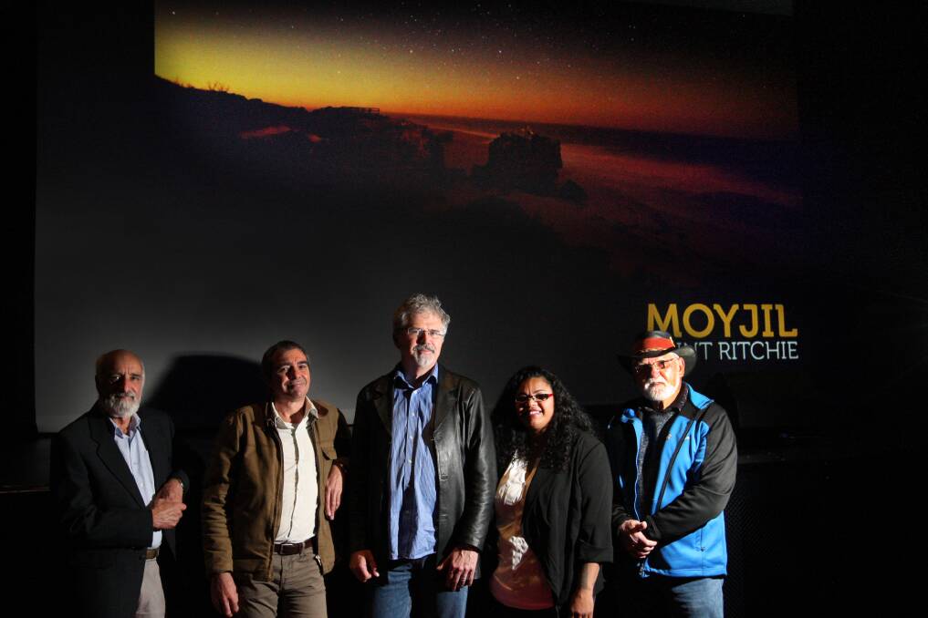 Dr John Sherwood from Deakin University (left), local language researcher Joel Wright, archaeologist Ian McNiven, Gunditj Mirring member Keicha Day and Peek Whurrong member Rob Lowe snr at the screening of the Moyjil/Point Ritchie video highlighting the area’s ancient Aboriginal heritage.150612LP30 Picture: LEANNE PICKETT