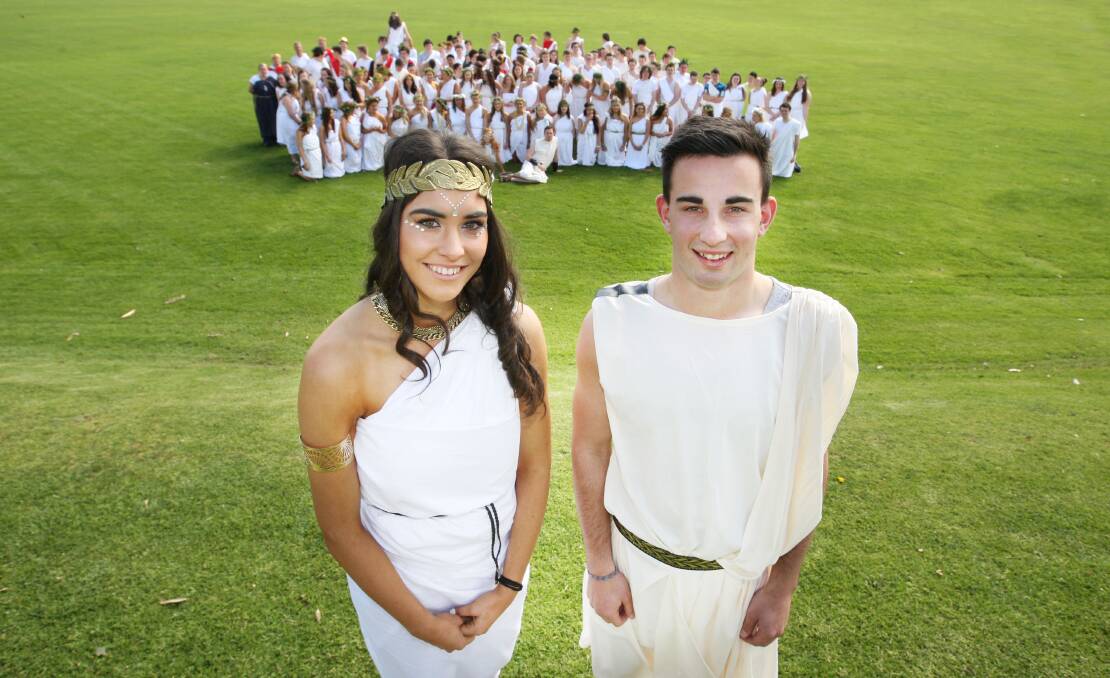 Emmanuel College school captains Genevieve O’Connor and Jayden Brennan, along with the rest of year 12, dressed in toga outfits.     140919AM23   Pictures: ANGELA MILNE