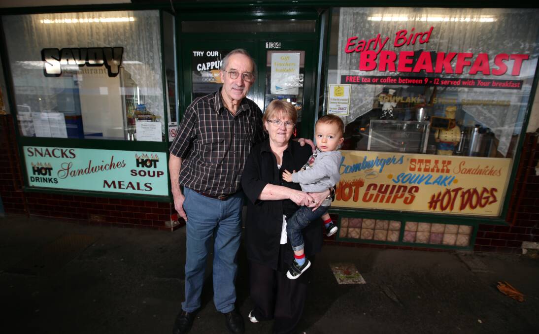 Warrnambool’s Savoy Restaurant owners Alan Tampion and his wife Roslyn holding great-grandson Coby Tampion-Collins, 2, announce they are retiring and closing their Liebig Street restaurant after running the establishment for almost three decades. 140618DW52 Picture: DAMIAN WHITE