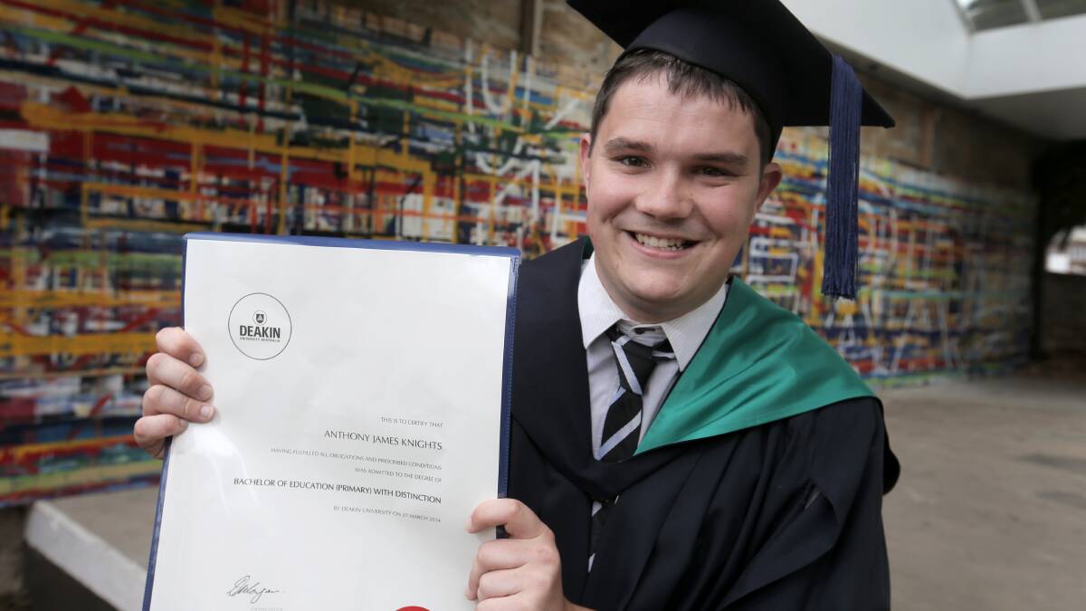 Deakin University education graduate Anthony Knights returned to Warrnambool to collect his degree yesterday — two months after starting a position teaching in a remote school in the Northern Territory. 