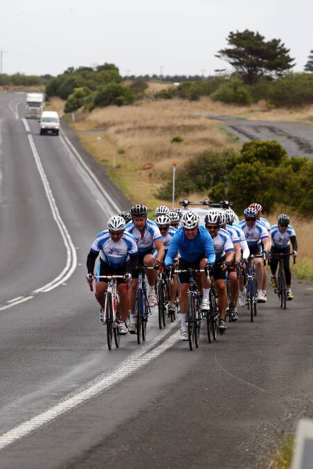Cyclists in the Pedal for Prostate fund-raising ride from Adelaide to Geelong near Yambuk yesterday. 