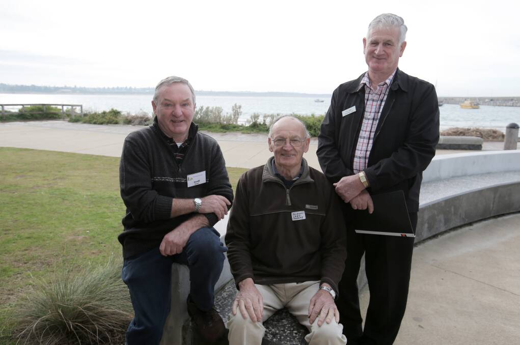 Brothers in arms (from left) Geoff Barker, from the Port Fairy Men’s Shed, Crossley Men’s Shed’s Michael Lane and Ken Unwin, from the Simpson Men’s Shed, ahead of the Men’s Shed forum. 140723RG07 Picture: ROB GUNSTONE