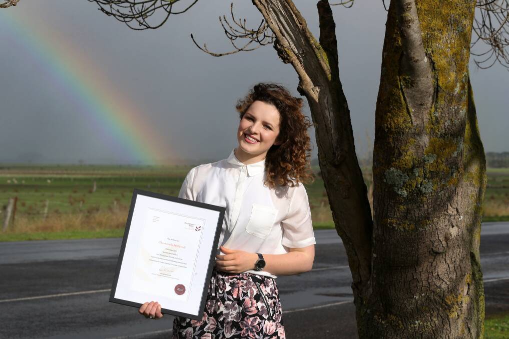 It’s not a pot of gold, but for former Mortlake College student Charmarelle McCarroll her Macpherson Smith Rural Scholarship is just as valuable. 150520DW06 Picture: DAMIAN WHITE